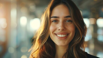 Obraz premium Happy young business woman smiling on a business office background