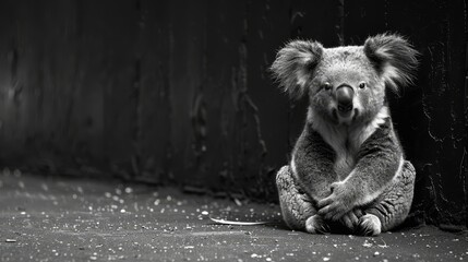   A koala in black and white, sits on the ground, paws touching the earth, gaze locked on the camera