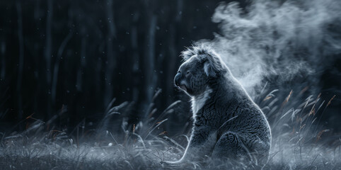   A monochrome image of a koala atop grassy terrain with smoke rising from its rear