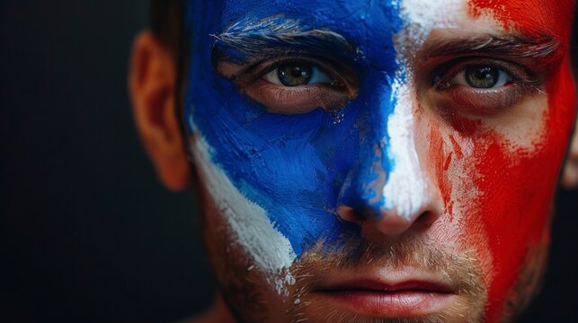 white man with his face painted with the flag of France in a high resolution and high quality study. Paris Olympic Games concept