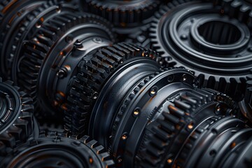 Macro Shot of Metallic Gears with Fine Details and Orange Accents