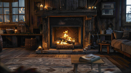 Detail shot of a cozy fireplace in a rustic living room, modern interior design, scandinavian style hyperrealistic photography - obrazy, fototapety, plakaty