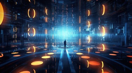 Flow of digital information,Silhouette of a businessman surrounded by Digital Data Flow