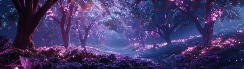 Purple tones, 3D illustration of a forest lit up at night by bioluminescence, fireflies, night lights, calm atmosphere.