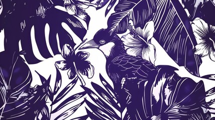   A monochrome image of a bird against lush tropical foliage in hues of purple, situated on a pristine white backdrop