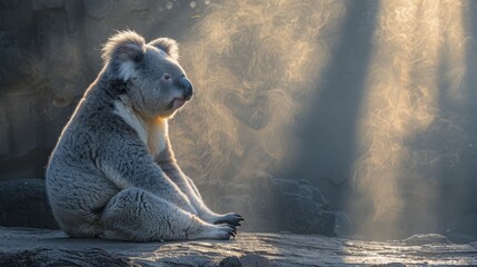   A koala, tightly clinging to a rock, is depicted in a close-up Sunlight filters through the tree canopies behind, illuminating the scene