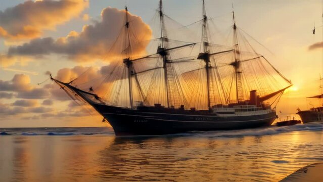 The sun casts a warm glow over a vintage sailing ship anchored at sea, with a dramatic sky backdrop.