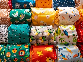 Fototapeta na wymiar Cloth Diapers, A collection of colorful cloth diapers with ecofriendly motifs