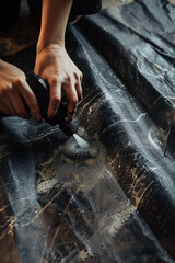 A detailed process of coating a fabric with a spray-on repellent, effectively creating a shield against water and dirt