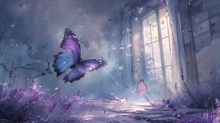  window, purple butterfly flies, over purple flower bed - obrazy, fototapety, plakaty