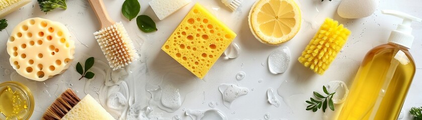 EcoFriendly Cleaning Products, Natural sponges and brushes alongside homemade cleaning agents - obrazy, fototapety, plakaty