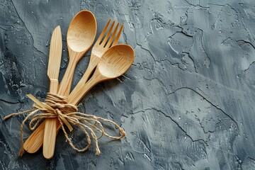EcoFriendly Cutlery, Wooden forks, knives, and spoons tied with a hemp ribbon, Technology concept, futuristic background