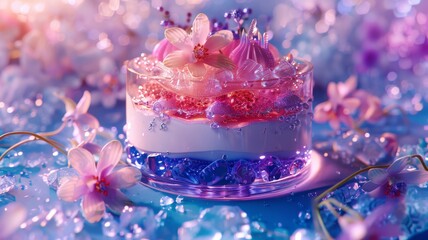 A decadent, layered dessert with shimmering, translucent layers that reveal glimpses of hidden ingredients: candied dragon scales, glistening pixie tears, and a heart of pure, crystallized moonlight.
