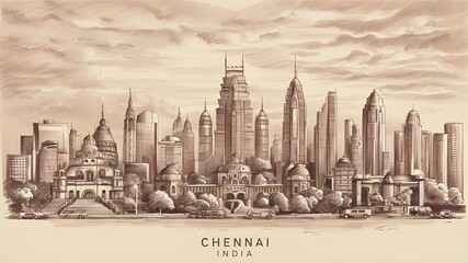  Chennai, India city skyline pencil sketch