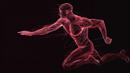 A dynamic wireframe of a running athlete, capturing the motion and form of the human body in action.3D
