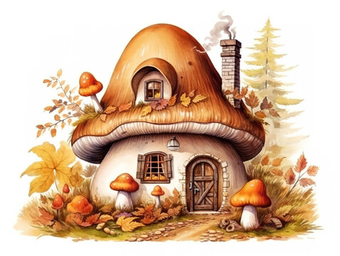 fairy house in the shape of a mushroom with a brown roof similar to the cap of a porcini mushroom, housing