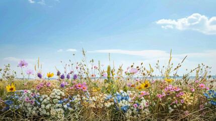 A podium adorned with colorful wildflowers and meadow grasses, set against a backdrop of a vast open field and a clear blue sky, embodying the beauty of nature's simplicity.
