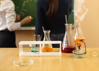 Chemistry laboratory glassware with liquid formula