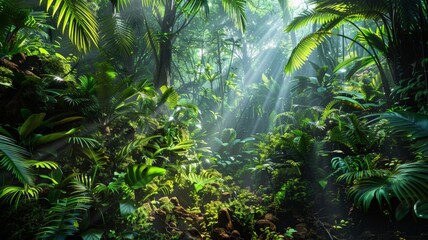A lush rainforest canopy bathed in the dappled sunlight filtering through the leaves. Focus on the vibrant greens and textures.3D rendering.