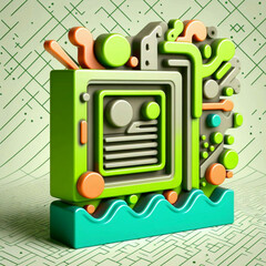 3D Illustration of a Green and Orange Abstract Object