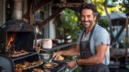 Handsome Man Cooking on Grill, Lively Backyard Barbecue Scene - Powered by Adobe