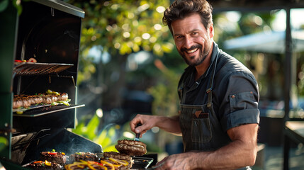 Joyful Man Flipping Burgers on Grill, Perfect Summer Barbecue Atmosphere