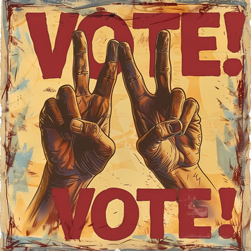 Vote poster with two hands illustration of the peace sign, campaign for peace