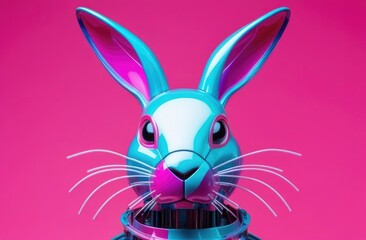 Rabbit on pink background,robot rabbit head,toy,text space