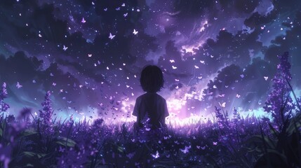 Fototapeta na wymiar A person stands in a field beneath a purple star-studded sky teeming with numerous butterflies