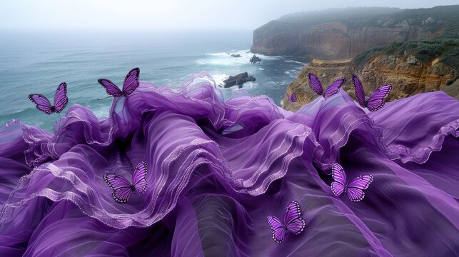   A group of purple butterflies flies above a body of water, near a rocky cliff in foggy conditions