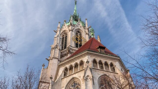 St. Paul's Church or Paulskirche timelapse. Looking up perspective. A large Catholic church in the Ludwigsvorstadt-Isarvorstadt quarter of Munich, Bavaria, Germany. Back side view