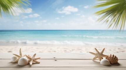 Fototapeta na wymiar Empty podium with palm leaves on white beach sand background. 