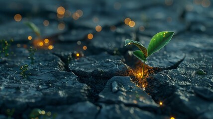A single sprout breaking through cracked pavement, with glowing blockchain symbols embedded within the cracks, symbolizing the potential of blockchain for growth and innovation. - obrazy, fototapety, plakaty