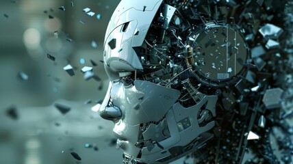A straight-faced image of an AI robot that is being shattered, AI concepts, errors in processing
