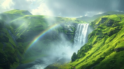 A majestic waterfall cascading down a lush green mountainside, shrouded in mist with a vibrant rainbow arcing across the spray.3D rendering. - obrazy, fototapety, plakaty