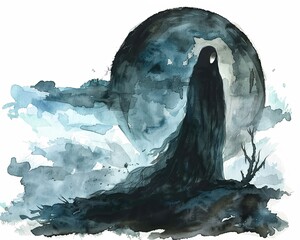 Nightveil A mysterious, shadowy figure cloaked in darkness, standing amidst a lunarlit landscape  hand drawing , Water color on white backgound - obrazy, fototapety, plakaty