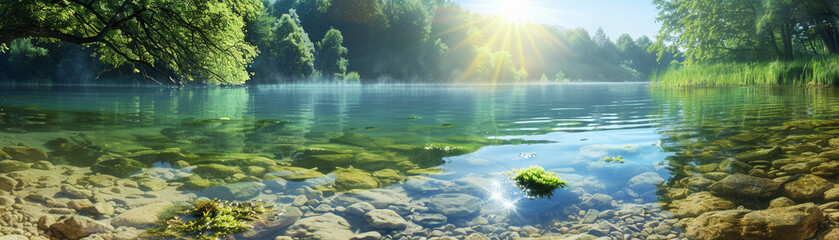 A serene landscape featuring a clear, bright lake, the water shining under the sun, symbolizing purity and freshness - obrazy, fototapety, plakaty