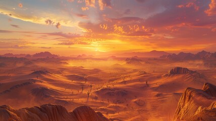 A panoramic view of a vast desert landscape at sunset. Sand dunes stretch towards the horizon, dotted with cacti and ancient rock formations. The sky is ablaze with fiery oranges, pinks, and purples. - obrazy, fototapety, plakaty
