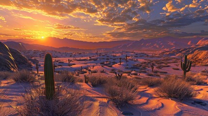 A panoramic view of a vast desert landscape at sunset. Sand dunes stretch towards the horizon, dotted with cacti and ancient rock formations. The sky is ablaze with fiery oranges, pinks, and purples.