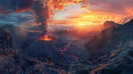 A panoramic view of a volcanic landscape at dawn. A plume of smoke rises from the crater of an active volcano, casting an orange glow across the sky. Jagged lava flows stretch across 