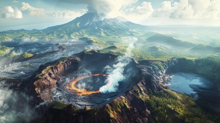 A panoramic view of a volcanic landscape, with a smoking crater and lava flows contrasting with lush green vegetation.3D rendering.