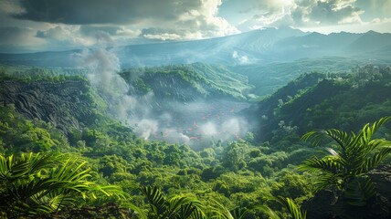 A panoramic view of a volcanic landscape, with a smoking crater and lava flows contrasting with lush green vegetation.3D rendering.