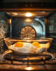 An open microwave oven with a light on, showing a glass bowl of flour and egg yolks inside, set to bake a simple, homemade recipe - obrazy, fototapety, plakaty