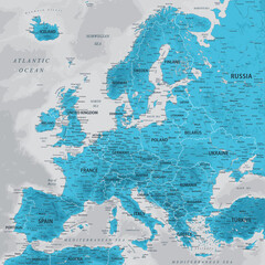Europe - Highly Detailed Vector Map of the Europe. Ideally for the Print Posters. Sapphire Blue Green Grey Colors. Relief Topographic and Depth - obrazy, fototapety, plakaty
