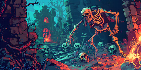 monster skeletons and other undead in the cursed dungeon, 2d, cartoon, game art, illustration book cover, copy space  - obrazy, fototapety, plakaty