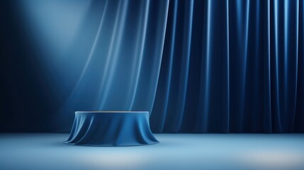  podium blue background and fabric curtain 