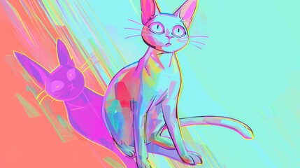   A cat drawing features two cats seated side by side against a multi-colored background comprised of pink, blue, and green hues