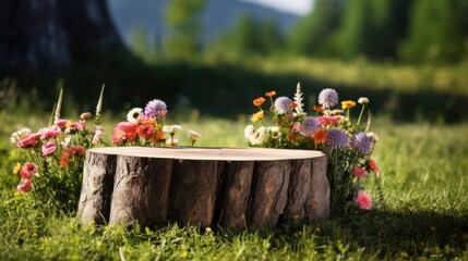 Podium cut logs placed on the grass ,beautiful flowers 