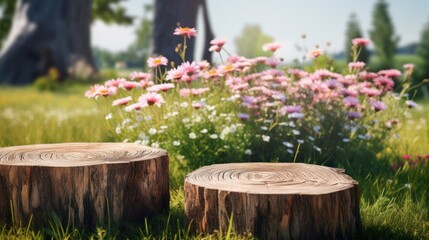 Podium cut logs placed on the grass ,beautiful flowers 