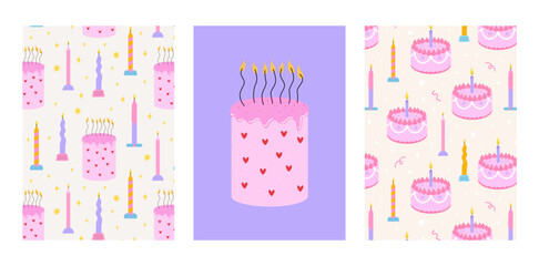 Set of birthday posters with pink cakes and candles. Vector flat illustrations. Holiday greeting cards